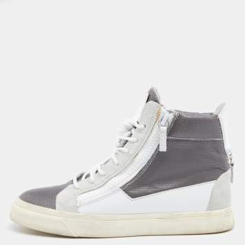Pre Owned Giuseppe Zanotti Grey/White Perforated Leather And Suede Double Zip High Top Sneakers Size 40