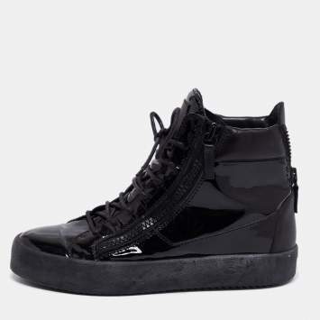 Pre Owned Giuseppe Zanotti Black Leather And Patent Double Zipper High Top Sneakers Size 41