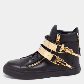 Pre Owned Giuseppe Zanotti Black Leather Double Metal Strap High-Top Sneakers Size 41 