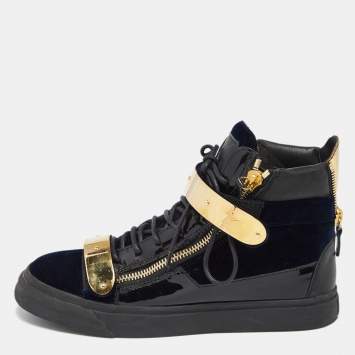 Pre Owned Giuseppe Zanotti Blue/Back Velvet And Leather Coby High Top Sneakers Size 41