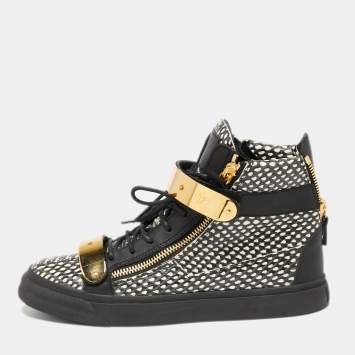 Pre Owned Giuseppe Zanotti Black/White Snakeskin Embossed And Leather High Top Double Zip Sneakers Size 40
