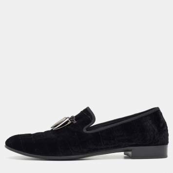 Pre Owned Guiseppe Zanotti Black Croc-Embossed Velvet Horn Tassel Loafer Size 42