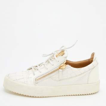 Pre Owned Giuseppe Zanotti White Croc Embossed Leather Frankie Low Top Sneakers Size 42