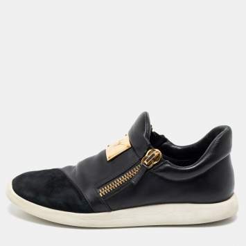Pre Owned Giuseppe Zanotti Black Suede And Leather Zipper Low Top Sneakers Size 46