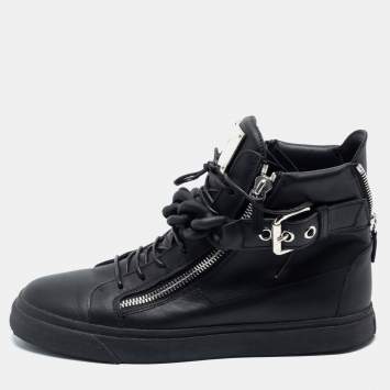 Pre Owned Giuseppe Zanotti Black Leather Metal Chain Embellished London Lindos High Top Sneakers Size 44