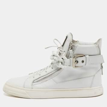 Pre Owned Giuseppe Zanotti White Leather Metal Chain High Top Sneakers Size 44