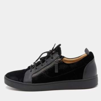 Pre Owned Giuseppe Zanotti Black Leather and Velvet Frankie Low Top Sneakers Size 44
