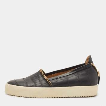 Pre Owned Giuseppe Zanotti Black Croc Embossed Leather Slip On Sneakers Size 44