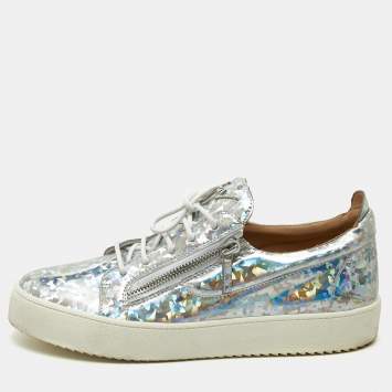 Pre Owned Giuseppe Zanotti Silver Holographic Leather Gail Lace Up Sneakers Size 45