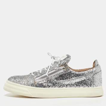 Pre Owned Giuseppe Zanotti Silver Coarse Glitter Frankie Sneakers Size 45