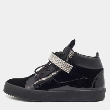 Pre Owned Giuseppe Zanotti Black Leather and Patent Crystal Embellished High Top Sneakers Size 44