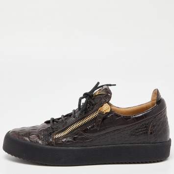 Pre Owned Giuseppe Zanotti Brown Croc Embossed Leather Low Top Sneakers Size 43.5