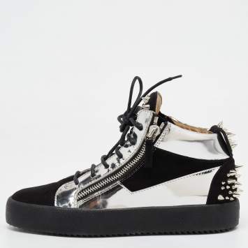 Pre Owned Giuseppe Zanotti Black/Silver Suede and Patent Leather Studded Jimbo Mid Top Sneakers Size 40