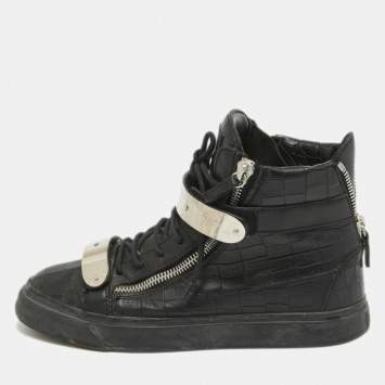 Pre Owned Giuseppe Zanotti Black Croc Embossed Leather Double Zip Sneakers Size 42