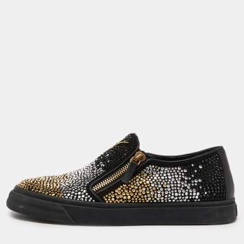 Pre Owned Giuseppe Zanotti Black Suede and Leather Crystal Embellished Eve Slip On Sneakers Size 43