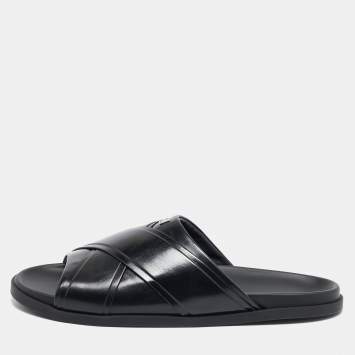 Pre Owned Givenchy Black Leather G Plage Slide Flats Size 45
