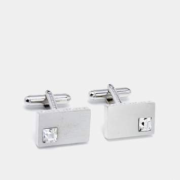 Pre Owned Givenchy Silver Tone Crystal Embedded Rectangle Cufflinks