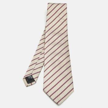 Pre Owned Givenchy Beige Diagonal Striped Silk Tie