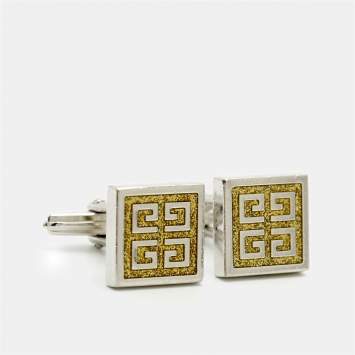 Pre Owned Givenchy Logo Enamel Silver Tone Cufflinks