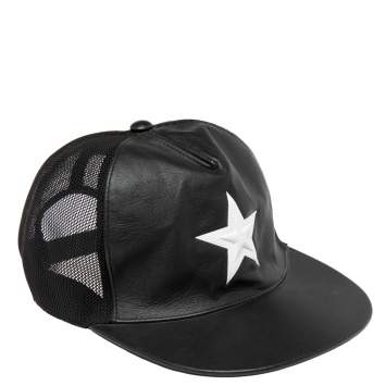Pre Owned Givenchy Black Leather & Mesh Star Detail Baseball Cap S