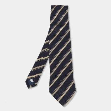 Pre Owned Givenchy Dark Blue & Gold Striped Silk Tie
