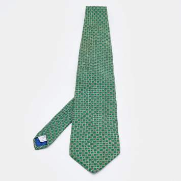 Pre Owned Givenchy Gentleman Green Geometric Printed Silk Traditional Tie