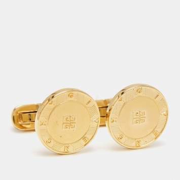 Pre Owned Givenchy Gold Tone Logo Round Cufflinks