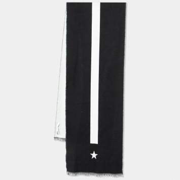 Pre Owned Givenchy White & Black Star Striped Wool Reversible Scarf