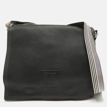 Pre Owned Givenchy Black Leather Logo Embossed Flap Messenger Bag