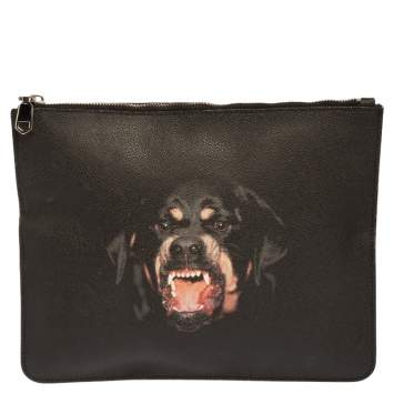 Pre Owned Givenchy Black Rottweiler Printed Leather Zip Pouch
