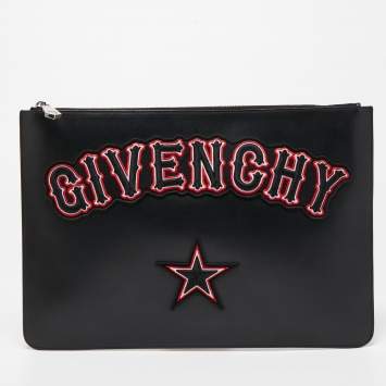 Pre Owned Givenchy Black Leather Embroidered Zip Pouch