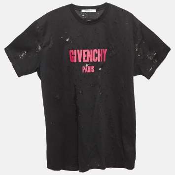 Pre Owned Givenchy Black Logo Print Distressed Cotton T-Shirt XL