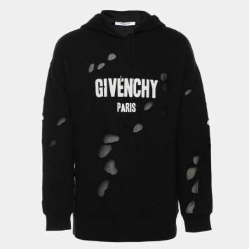 Pre Owned Givenchy Black Distressed Cotton & Mesh Inset Logo Printed Hooded Sweatshirt S