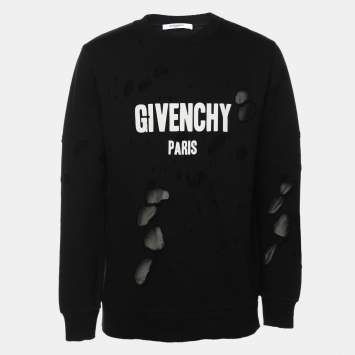 Pre Owned Givenchy Black Distressed Cotton & Mesh Inset Logo Printed Sweatshirt XS