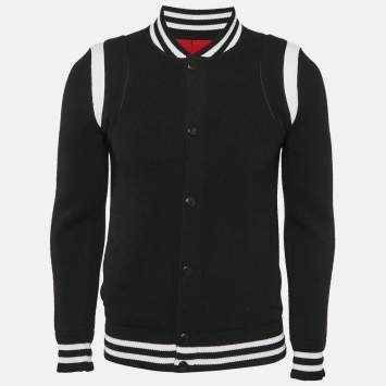 Pre Owned Givenchy Black Logo Intarsia Back Wool Knit Bomber Jacket S