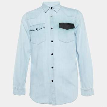 Pre Owned Givenchy Light Blue Denim Leather Trim Detail Shirt M