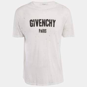 Pre Owned Givenchy White Logo Printed Cotton Distressed T-Shirt S