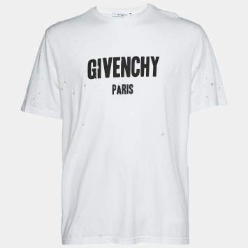 Givenchy White Logo Print Cotton Distressed T-Shirt L