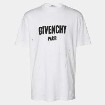Pre Owned Givenchy White Logo Print Cotton Distressed T-Shirt S