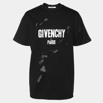Pre Owned Givenchy Black Logo Print Cotton Distressed T-Shirt M