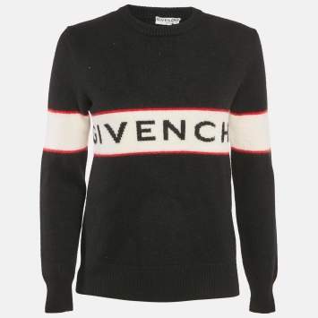 Pre Owned Givenchy Black Logo Intarsia Wool Knit Sweater M