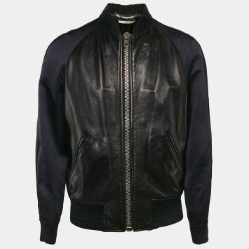 Pre Owned Givenchy Black/Blue Leather and Satin Bomber Jacket XL