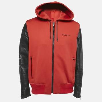 Givenchy Red Neoprene and Leather Zip Up Hooded Jacket XL