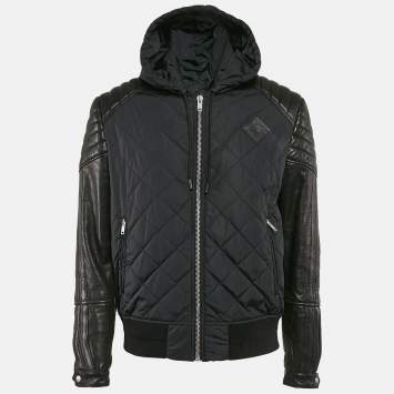 Givenchy Black Nylon and Leather Zip Up Hooded Jacket XL