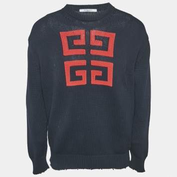 Givenchy Navy Blue Logo Intarsia Rib Knit Crew Neck Sweatshirt M
