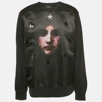 Pre Owned Givenchy Black Madonna Star Print Satin and Cotton Knit Sweatshirt M