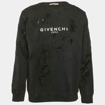 Givenchy Black Logo Print Cotton Knit Distressed Sweatshirt M