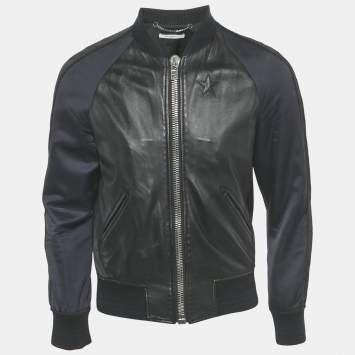 Pre Owned Givenchy Black/Blue Leather and Satin Stadium Bomber Jacket S