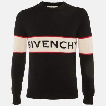 Pre Owned Givenchy Black Logo Intarsia Wool Knit Sweater S 