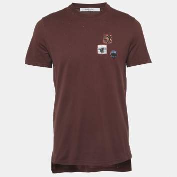 Pre Owned Givenchy Burgundy Printed Jersey Distressed T-Shirt M